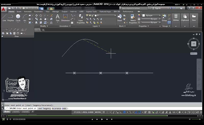 آموزش اتوکد 2016 ( Autocad 2016 ) نقشه کشی دو بعدی ( درس سیزدهم ) ( بخش اول ) &ndash; آشنایی با سایر فرمان های ترسیمی واقع در پنل ترسیم ( Draw ) در اتوکد و معرفی ترسیمات قوس و منحنی ( Spline ) ، نقطه و علامت گذاری ( Point ) ، دونات ( Donut ) ، علامت گذاری با فواصل دلخواه ( Measure ) و تقسیم و علامت گذاری با فواصل مساوی به مقدار دلخواه ( Divide ) و ... در اتوکد - مدرس : استاد سعید فدایی ( تیچرمن ) گروه آموزشی پادشاه گرافیست ها-8