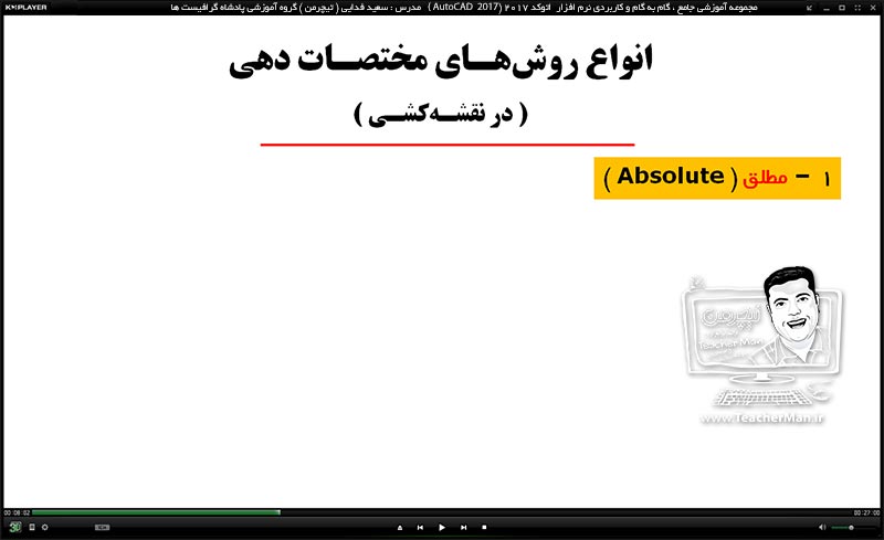 آموزش اتوکد 2017 ( Autocad 2017 ) نقشه کشی دو بعدی ( درس اول ) &ndash; آشنایی با مفاهیم اولیه در نقشه کشی از قبیل مختصات ، دستگاه مختصات ، سیستم های مختصات دهی ، انواع روش های معرفی مختصات نقاط ، مختصات دهی چند شکل هندسی استاندارد و ... - مدرس : استاد سعید فدایی ( تیچرمن ) گروه آموزشی پادشاه گرافیست ها  -4