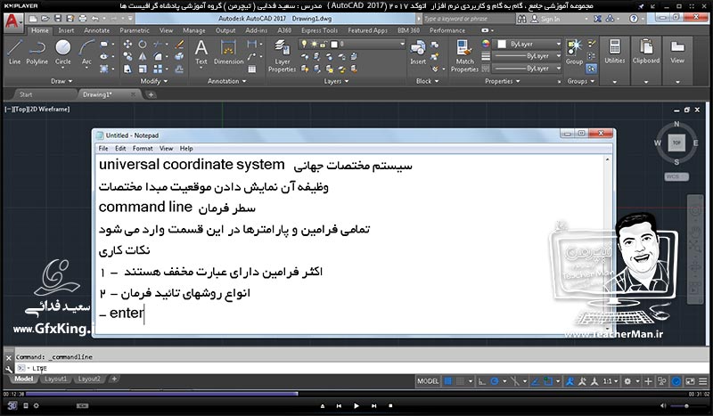 آموزش اتوکد 2017 ( Autocad 2017 ) نقشه کشی دو بعدی ( درس دوم ) &ndash; آشنایی با مخیط برنامه اتوکد 2017 و معرفی اجزاء و قسمت های مختلف آن ، پاک کن ، پاره خط - مدرس : استاد سعید فدایی ( تیچرمن ) گروه آموزشی پادشاه گرافیست ها  -4