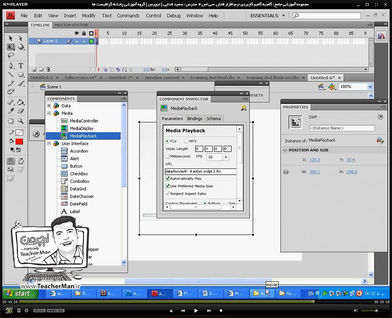 آموزش نرم افزار فلش سی اس 4 ( Flash Cs4 ) ویژه طراحی وب و انیمیشن سازی وب ( درس نوزدهم ) &ndash; مرور درس قبلی و روش نوشتن کد با روش ( Action 3 ) و مدیریت تایم لاین و انیمیشن و فایل خروجی نهایی و ذکر مثال عملی برای درک مفاهیم - مدرس : استاد سعید فدایی ( تیچرمن ) گروه آموزشی پادشاه گرافیست ها-8