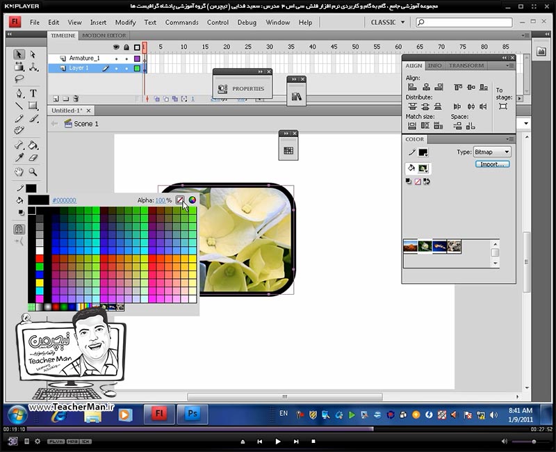 آموزش نرم افزار فلش سی اس 4 ( Flash Cs4 ) ویژه طراحی وب و انیمیشن سازی وب ( درس هشتم ) &ndash; آشنایی با انواع روش های رنگ آمیزی ترسیمات و معرفی پالت های انتخاب رنگ ( Swatches ) و ( Color ) با تنظیمات دقیق انتخاب رنگ در فلش سی اس 4 - مدرس : استاد سعید فدایی ( تیچرمن ) گروه آموزشی پادشاه گرافیست ها-8
