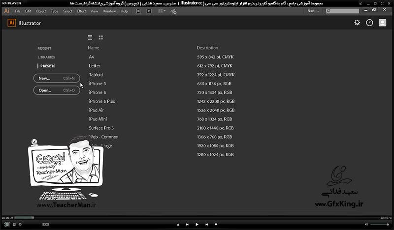 آموزش ایلوستریتور سی سی ( Illustrator CC ) ویژه طراحی گرافیک و هنر دیجیتال ( درس اول ) &ndash; آشنایی با محیط برنامه ایلوستریتور سی سی و معرفی عملکرد هر قسمت و تنظیمات اولیه شروع به طراحی -  مدرس : استاد سعید فدایی ( تیچرمن ) گروه آموزشی پادشاه گرافیست ها-1