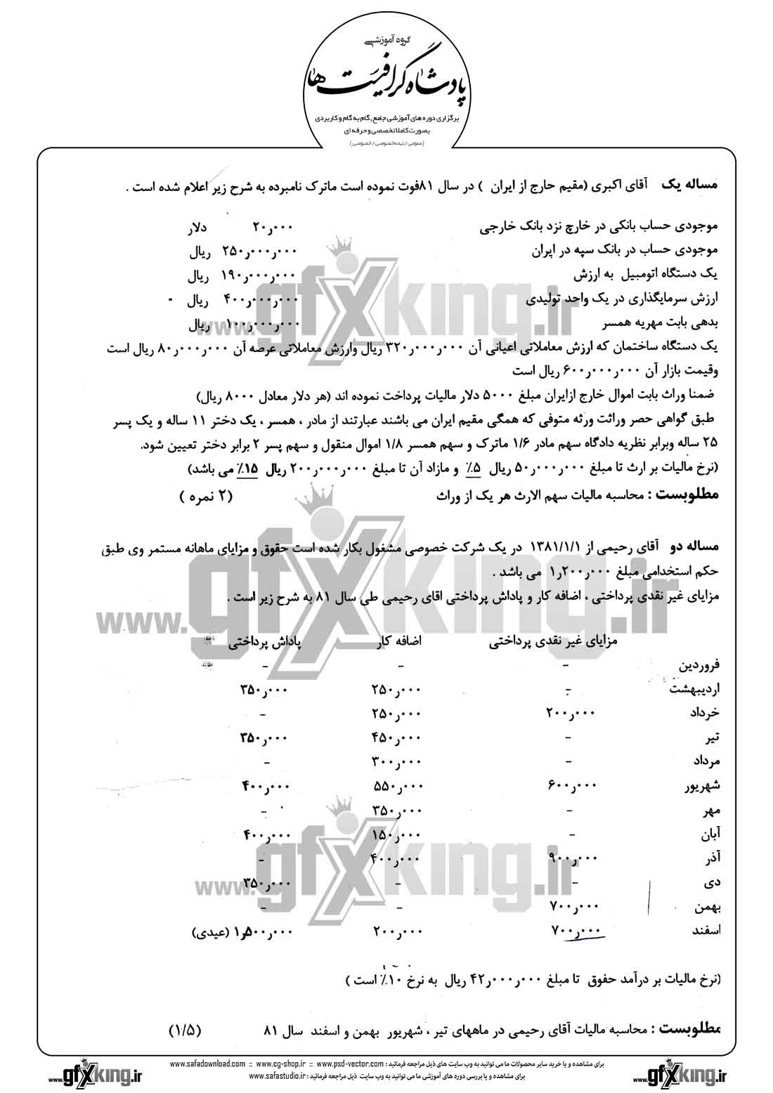 دانلود نمونه سئوال عملی حسابداری مالیاتی - 2