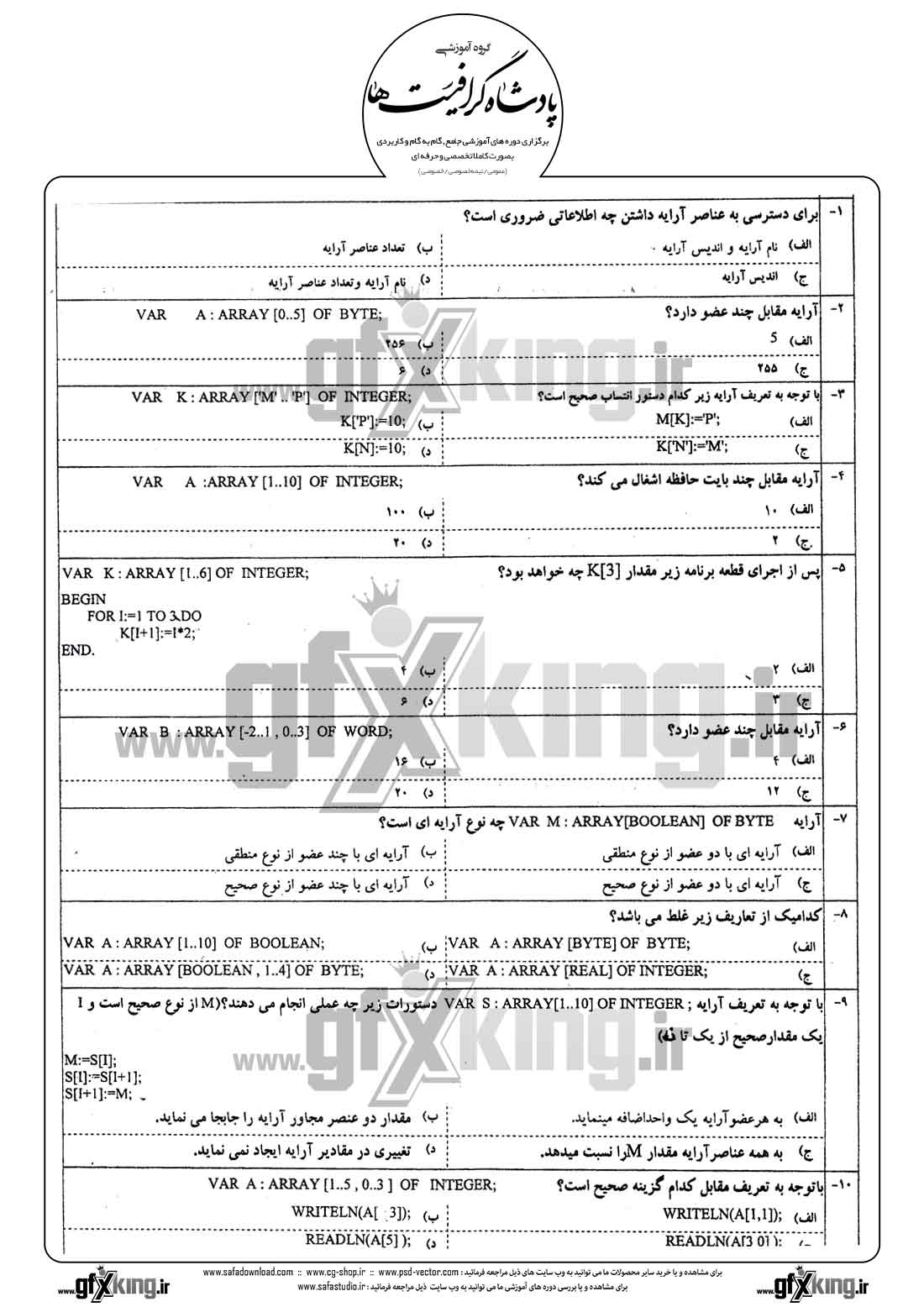 دانلود نمونه سئوال تستی ( چهارگزینه ای ) برنامه نویسی پاسکال - 1