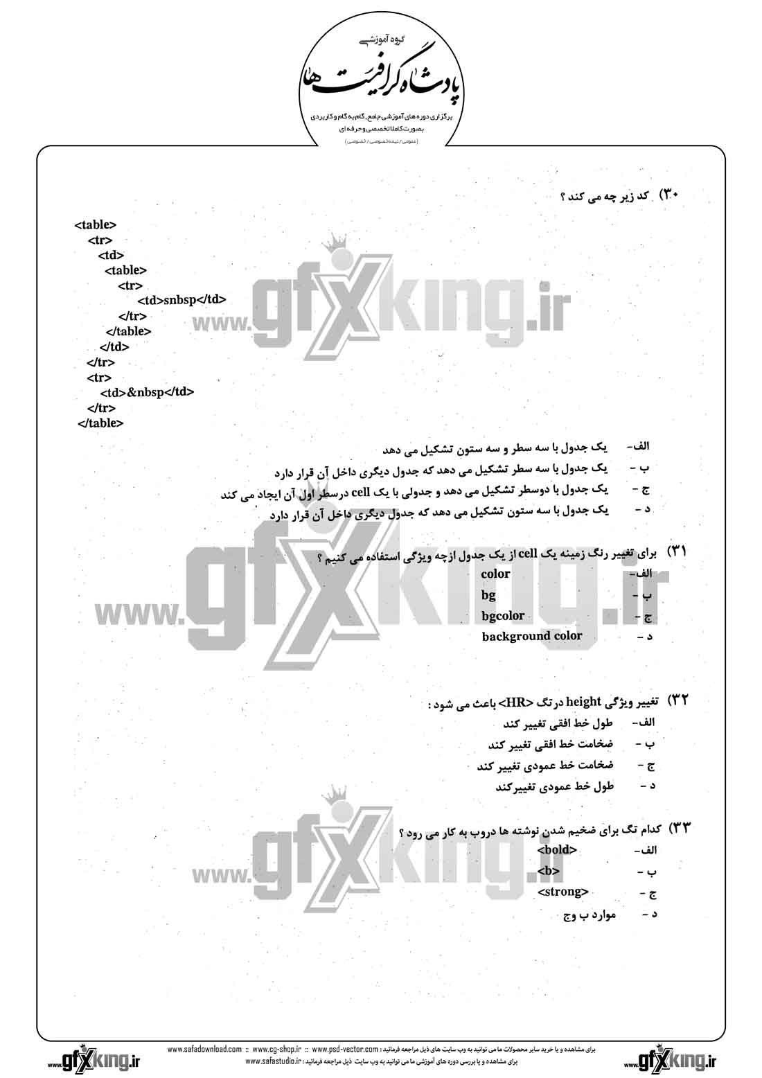 دانلود نمونه سئوال تستی ( چهارگزینه ای ) طراحی صفحات وب - 6 